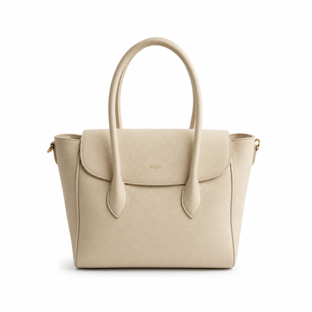 K&Co. Genuine Leather Flapover Satchel Bag - BEIGE